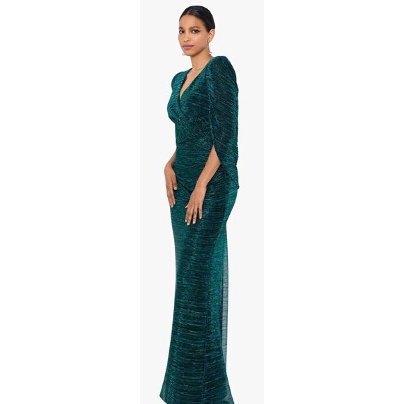 Betsy & Adam "MARISA" LONG CRINKLE DRAPE SLEEVE DRESS in Jade NWT Size 2 Petite - Picture 3 of 10